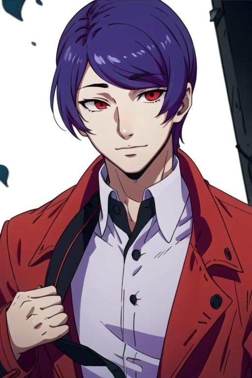 masterpiece, best quality, movie still, 1boy, solo, male focus, looking at viewer, upper body, depth of field, anime coloring, , <lora:shuu_tsukiyama:0.74>, shuu_tsukiyama, purple hair, black sclera, red eyes, trench coat, caps, ,