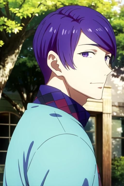 masterpiece, best quality, , 1boy, solo, male focus, looking at viewer, , depth of field, ligne claire, , <lora:shuu_tsukiyama:0.72>, shuu_tsukiyama, purple hair, purple eyes