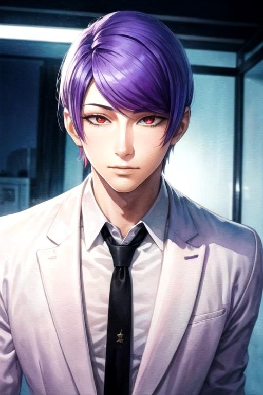 masterpiece, best quality, photorealistic, 1boy, solo, male focus, looking at viewer, upper body, , (watercolor illustration, soft pastel colors:1.1), realistic, <lora:shuu_tsukiyama:0.68>, shuu_tsukiyama, purple hair, black sclera, red eyes, , , science fiction cyber-horror,