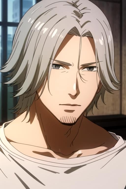 masterpiece, best quality, sketch, 1boy, solo, male focus, looking at viewer, , depth of field, , realistic, <lora:renji_yomo:0.76>, renji_yomo, grey hair, grey eyes