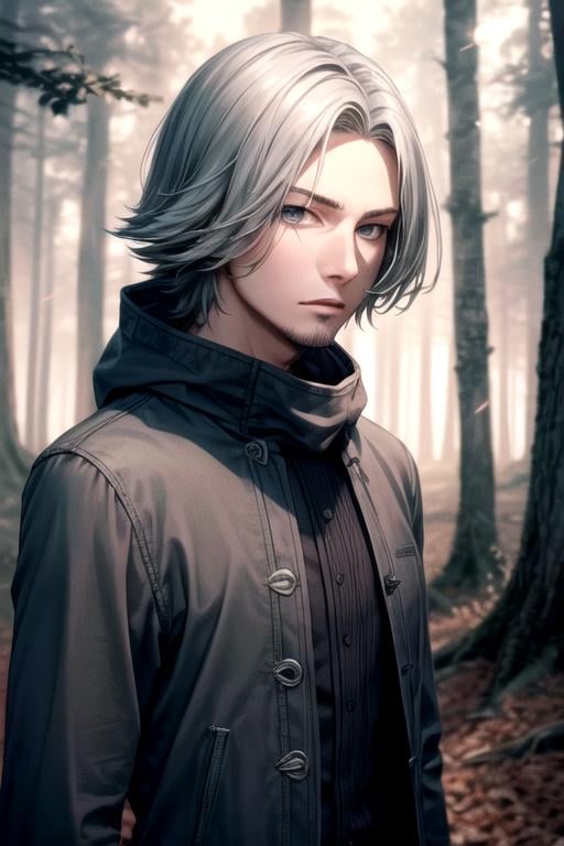 masterpiece, best quality, photorealistic, 1boy, solo, male focus, looking at viewer, upper body, depth of field, anime coloring, , <lora:renji_yomo:0.70>, renji_yomo, grey hair, grey eyes, , The Forest of Mirrors: A place where reality is distorted and nothing is as it seems,