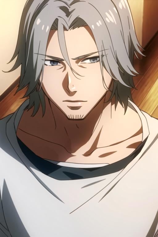 masterpiece, best quality, , 1boy, solo, male focus, looking at viewer, , , anime coloring, , <lora:renji_yomo:0.74>, renji_yomo, grey hair, grey eyes