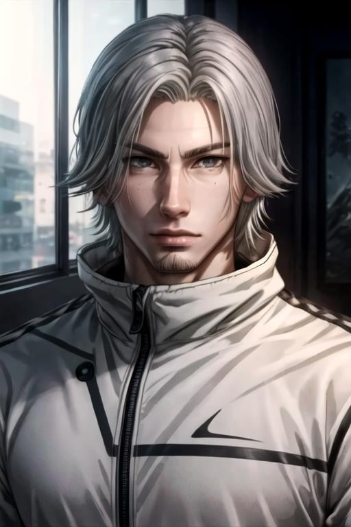 masterpiece, best quality, game cg, 1boy, solo, male focus, looking at viewer, , , anime coloring, realistic, <lora:renji_yomo:0.74>, renji_yomo, grey hair, grey eyes, tracksuit, , gradient, High definition