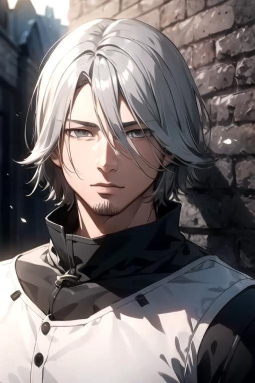 masterpiece, best quality, game cg, 1boy, solo, male focus, looking at viewer, upper body, depth of field, , realistic, <lora:renji_yomo:0.72>, renji_yomo, grey hair, grey eyes, indian costume, The Vale of Shadows: A dark and foreboding valley where no sunlight ever penetrates,