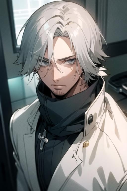 masterpiece, best quality, , 1boy, solo, male focus, looking at viewer, upper body, depth of field, anime coloring, , <lora:renji_yomo:0.70>, renji_yomo, grey hair, grey eyes, , hard science fiction,