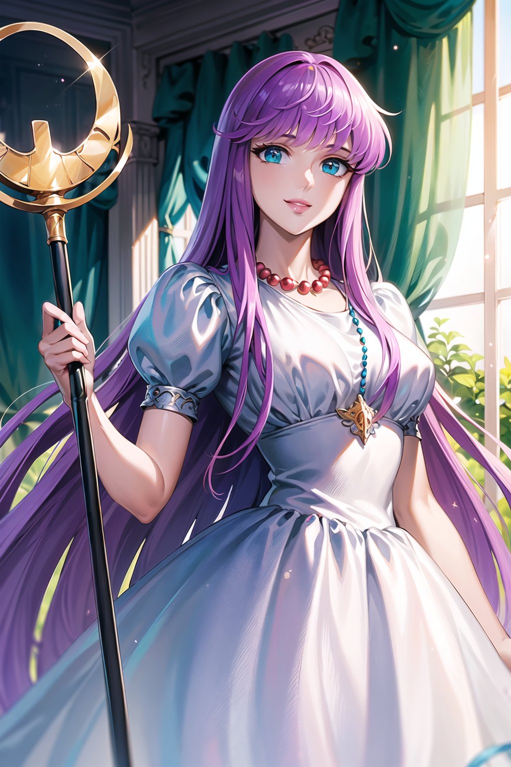 ((best quality)), ((highly detailed)), masterpiece, ((official art)), saori, bangs, purple hair, long hair, blue eyes, very long hair, (staff), holding staff, smile, lips, white dress, puffy sleeves, necklace, white dress, window, plant, curtains, pearl necklace ,best quality, masterpiece, intricate details, scenary ,trending on Artstation