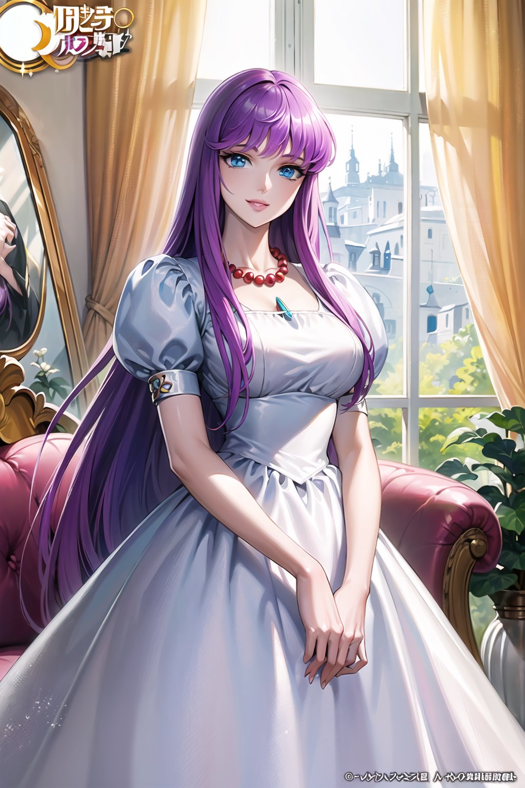 ((best quality)), ((highly detailed)), masterpiece, ((official art)), saori, bangs, purple hair, long hair, blue eyes, very long hair, smile, lips, white dress, puffy sleeves, necklace, white dress, window, plant, curtains, pearl necklace ,best quality, masterpiece, intricate details, scenary ,trending on Artstation