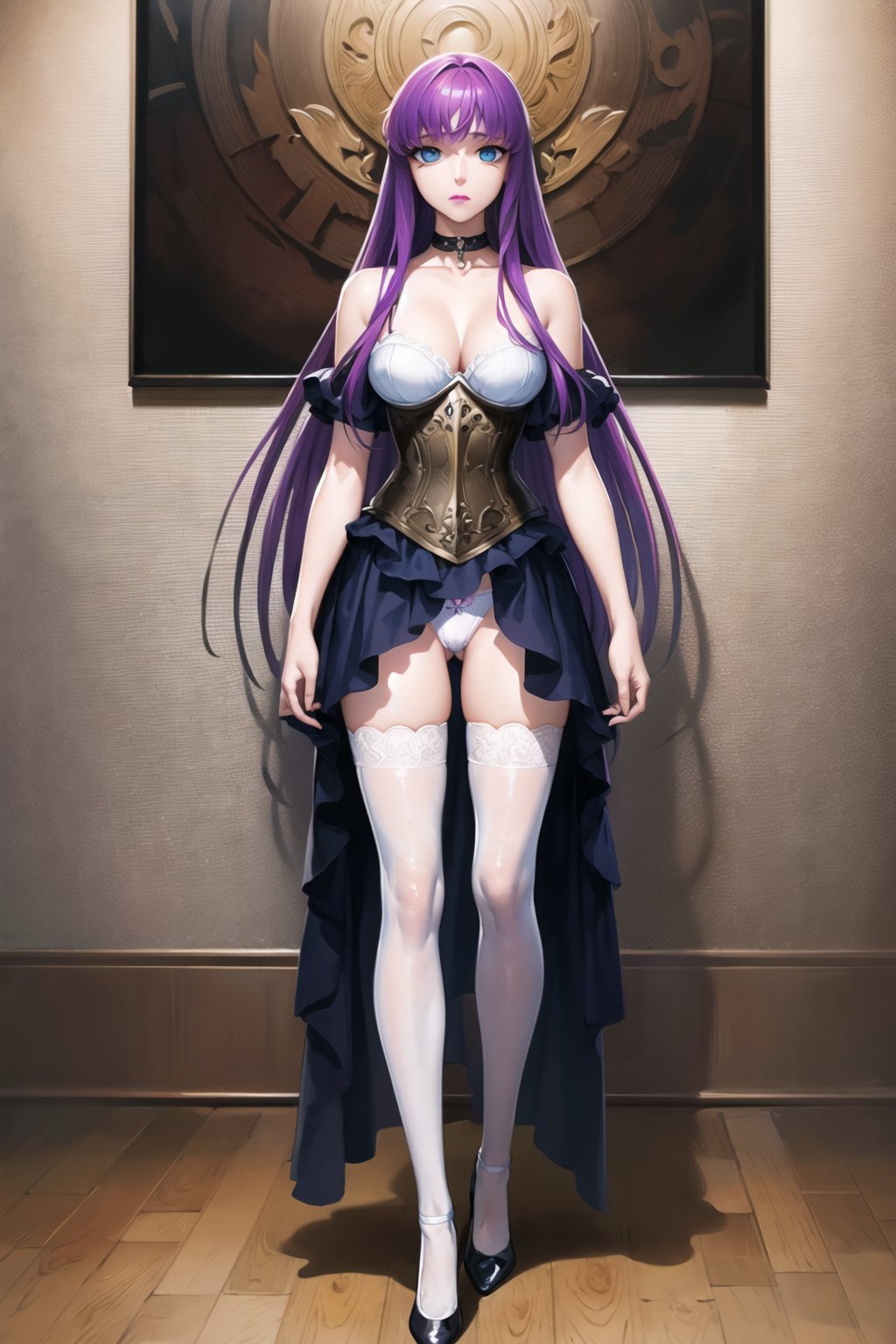 ((best quality)), ((highly detailed)), masterpiece, ((official art)), ((expressionless)),closed mouth, makeup, lipstick,saori, bangs, purple hair, long hair, blue eyes, very long hair,  lips, cleavage, medium breasts, underwear, panties, purple hair, shoes, choker, white panties, high heels, white thighhighs, corset, bustier ,best quality, masterpiece, intricate details, scenary ,trending on Artstation, (empty eyes:1.3)