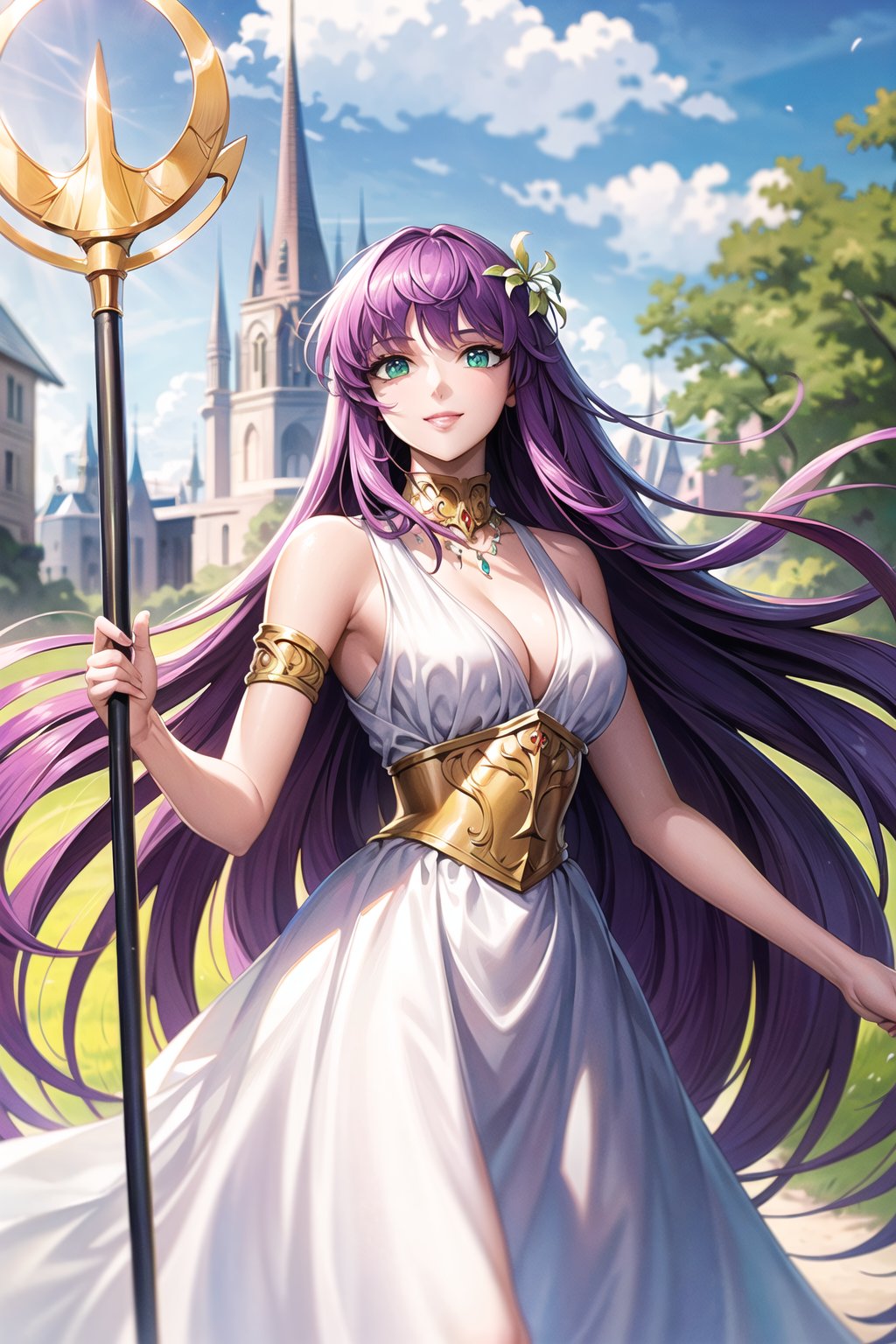 ((best quality)), ((highly detailed)), masterpiece, ((official art)), saori, purple hair, long hair, (cowboy shot), green eyes, floating_hair, (staff), holding staff, smile, lips, white dress, long dress ,sleeveless, bare, bare_shoulder, cleavage, collarbone, golden accesories ,best quality, masterpiece, intricate details, scenary, outdoors, flower, tree, day, cloud,trending on Artstation