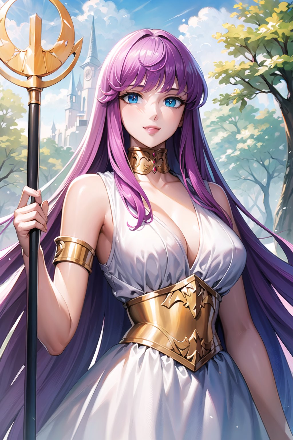 ((best quality)), ((highly detailed)), masterpiece, ((official art)), saori, purple hair, long hair, blue eyes, very long hair, (staff), holding staff, smile, lips, white dress, long dress ,sleeveless, bare, bare_shoulder, cleavage, collarbone, ,best quality, masterpiece, intricate details, scenary, outdoors, flower, tree, day, cloud,trending on Artstation