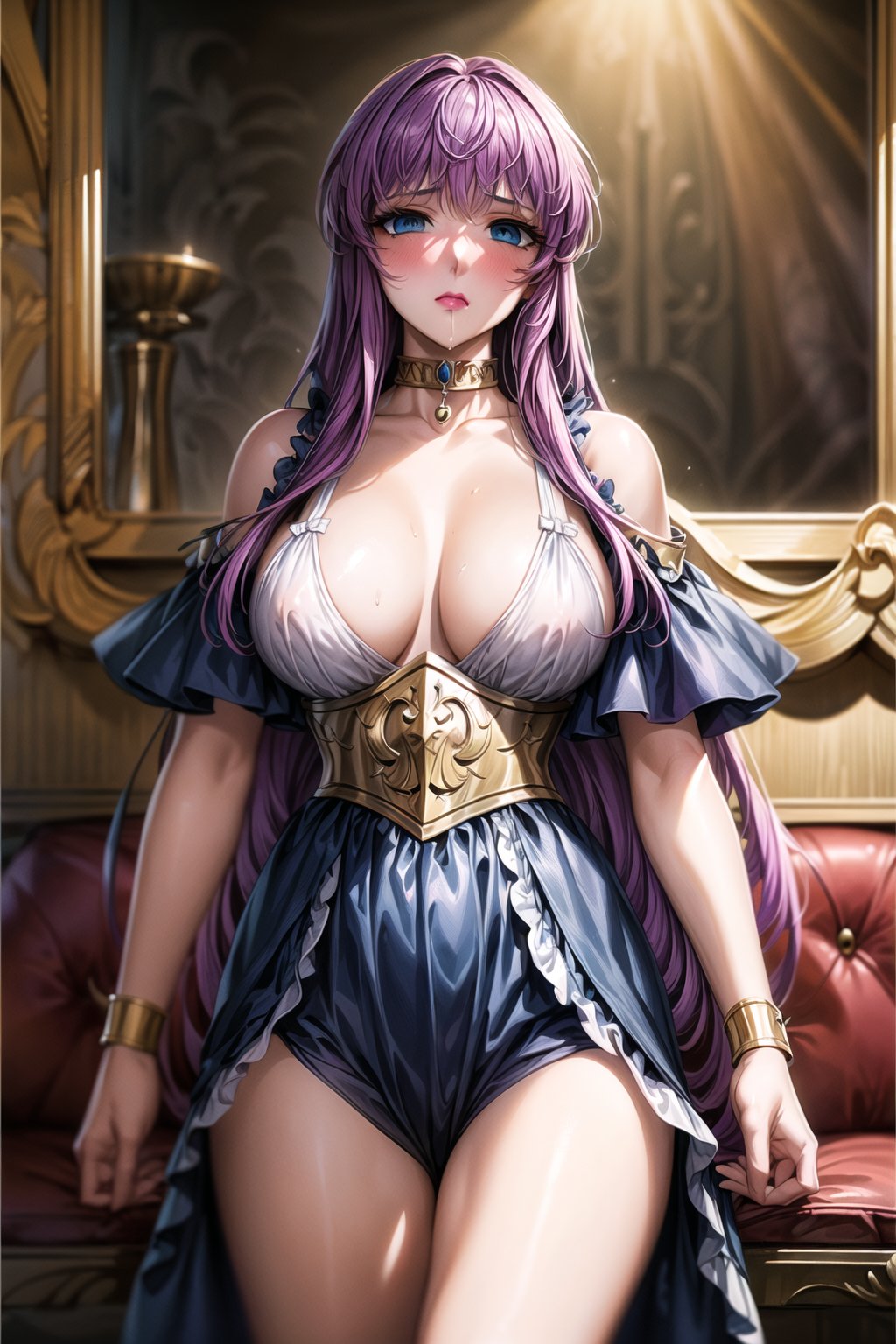 ((best quality)), ((highly detailed)), masterpiece, ((official art)), (cowboy shot),((expressionless)),closed mouth, (makeup:1.2), lipstick ,saori, bangs, (purple hair:1.3), long hair, blue eyes, very long hair, (blush:1.2),(weat:1.3), (lips:1.2), large breasts, underwear, (black choker), drooling, (revealing_clothes:1.3), (mind_control, hypnosis), walking ((Babydoll:1.3)) ,best quality, masterpiece, intricate details, scenary ,trending on Artstation, (empty eyes:1.3)