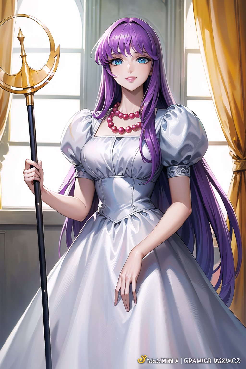 ((best quality)), ((highly detailed)), masterpiece, ((official art)), saori, bangs, purple hair, long hair, blue eyes, very long hair, (staff), holding staff, smile, lips, white dress, puffy sleeves, necklace, white dress, window, plant, curtains, pearl necklace ,best quality, masterpiece, intricate details, scenary ,trending on Artstation