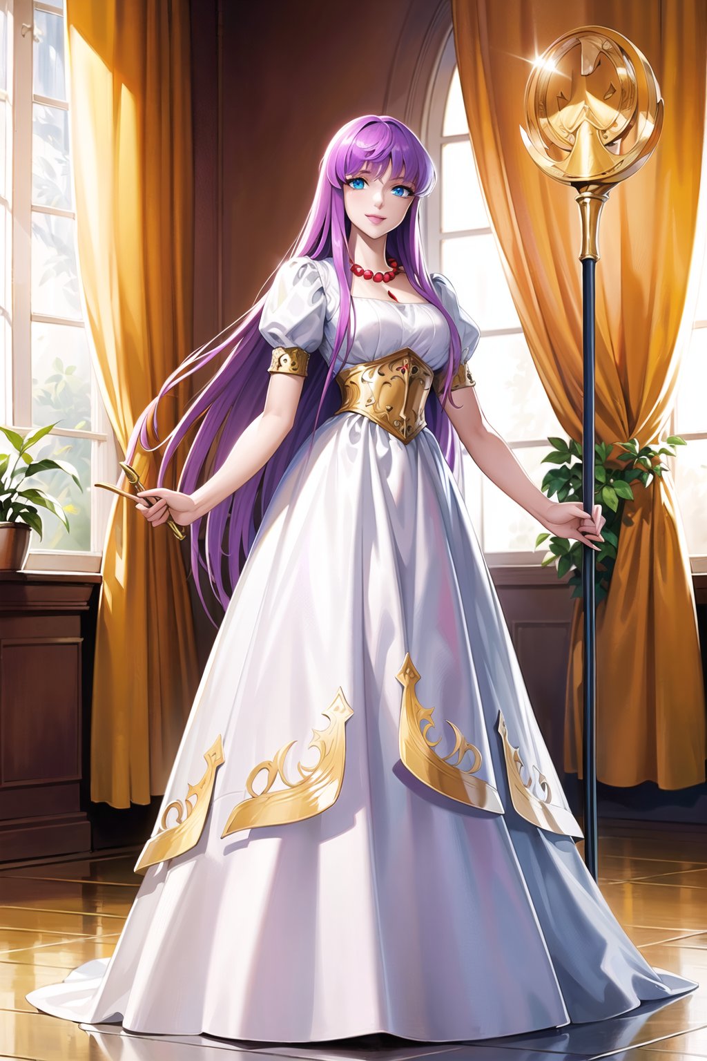 ((best quality)), ((highly detailed)), masterpiece, ((official art)), saori, bangs, purple hair, long hair, blue eyes, very long hair, (staff), holding staff, smile, lips, white dress, puffy sleeves, necklace, white dress, window, plant, curtains, pearl necklace ,best quality, masterpiece, intricate details, scenary ,trending on Artstation