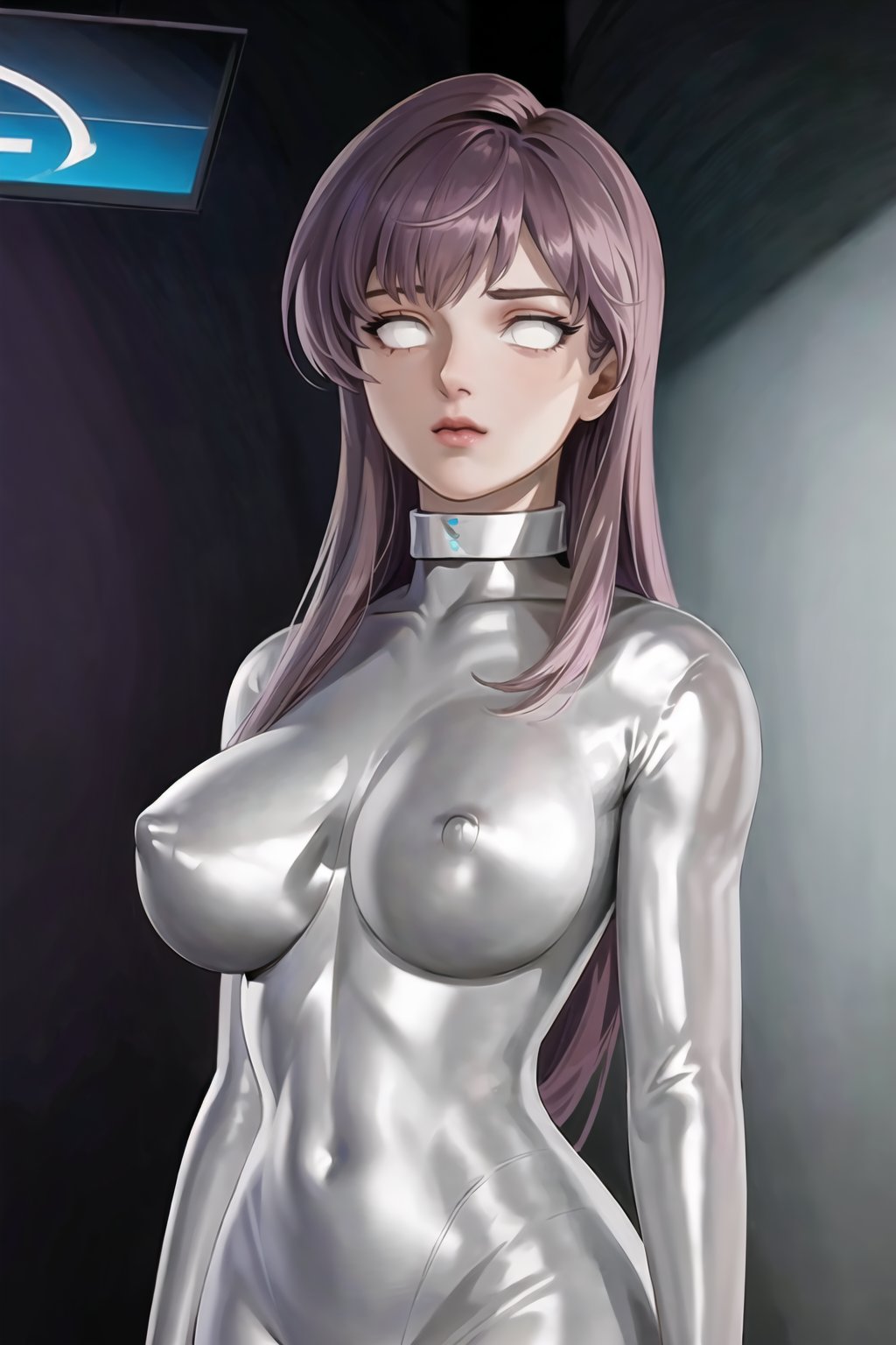 (best quality), (highly detailed), masterpiece, (official art), saori, purple hair, long hair, (graybot:1.2), latex bodysuit, looking at viewer, large breast, (Elegant_ballroom_background)  ,(intricately detailed, hyperdetailed), blurry background,depth of field, best quality, masterpiece, intricate details, tonemapping, sharp focus, hyper detailed, trending on Artstation,1 girl, high res, official art, diffused soft lighting, shallow depth of field, sharp focus, cinematic lighting, masterpiece, 8k, high resolution image, highly detailed eyes, masterpiece, best quality, (colorful),(finely detailed beautiful eyes and detailed face),cinematic lighting, bust shot, extremely detailed CG unity 8k wallpaper, solo, light,whiteeyes