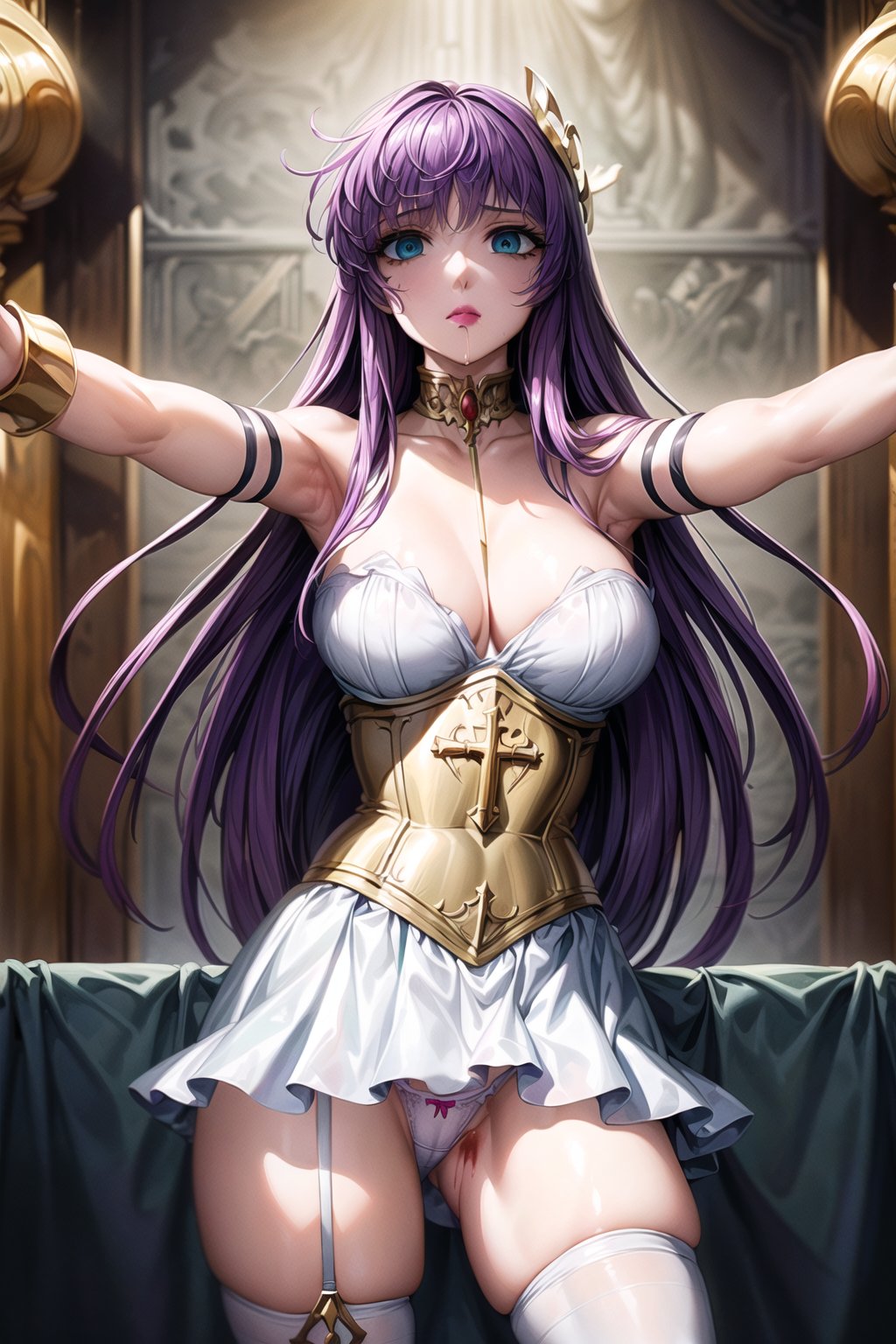 ((best quality)), ((highly detailed)), masterpiece, ((official art)), (cowboy shot),((expressionless)),closed mouth, makeup, lipstick,saori, bangs, (purple hair:1.3), long hair, blue eyes, very long hair,  lips, cleavage, large breasts, underwear, panties, choker, white panties, (zombie_pose:1.3, outstretched_arms:1.3), drooling, (revealing_clothes:1.3), (mind_control, hypnosis), walking (cross-laced clothes:1.2),white thighhighs, ((bustier)) ,best quality, masterpiece, intricate details, scenary ,trending on Artstation, (empty eyes:1.3)