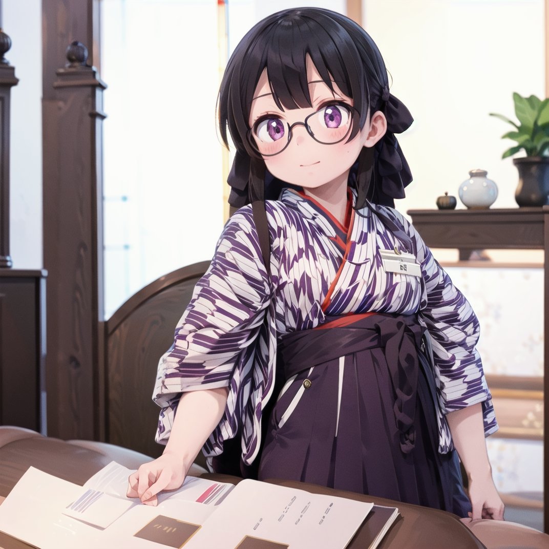 best quality, ultra-detailed, illustration,BMC, 1girl, black hair, long hair, glasses,  japanese clothes, yagasuri, hakama skirt, purple hakama, kimono, indoors,  <lora:Basyamichi_uniform_SD15_V7:1>