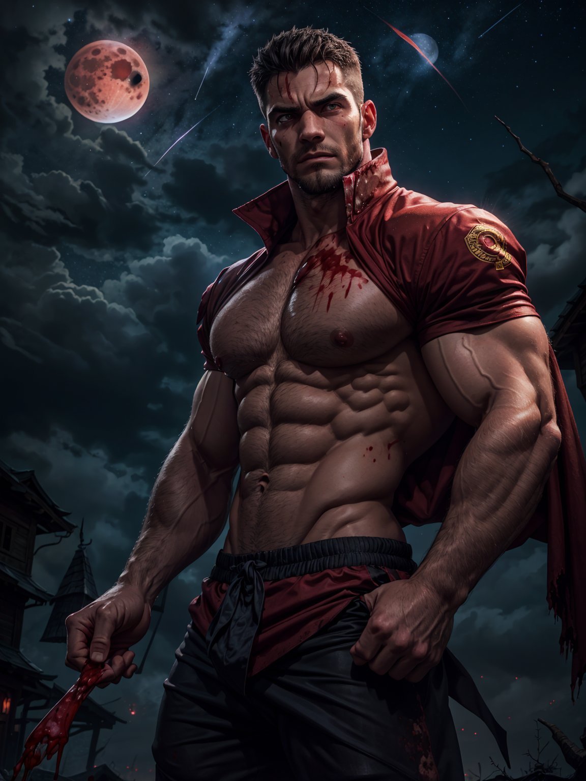 A naked muscle male,  mature male,  footballer body type,  sorcerer,  sorcerer clothing,  blood moon,  red blood moon,  magic power,  Handsome face, eyes with brightness, The man looks confident and determined,  crew cut,  Stars dot the sky,  night sky looks sinister and dangerous,  blood red night sky,  evil-looking but attractive man, <lora:EMS-3108-EMS:0.800000>