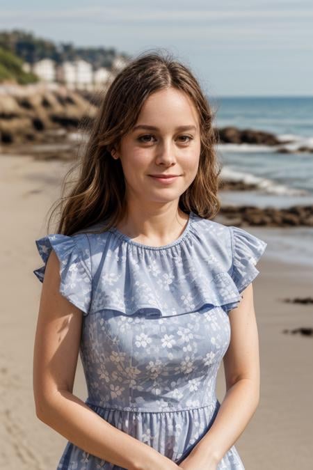 (portrait photo) of (blrs woman:1.0), wearing a floral pattern frilled dress, by the beach, face in highlight, sunny day      <lora:BrieLarsonDogu_blrs:1>