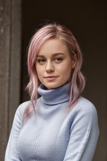 (portrait photo) of (blrs woman:1.0), interested , wearing (blue turtleneck:1.1), (busty:1.1), (pink hair) , outdoors background      <lora:BrieLarsonDogu_blrs:1>