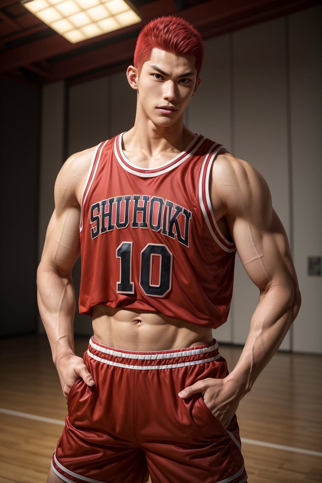 hanamichi_sakuragi, young man, red dyed hair, asian, looking at you, muscular,  shorts, basketball outfit, basketball field, inside, daylight, broad shoulders, navel hair, buzzcut, arrogant smirk