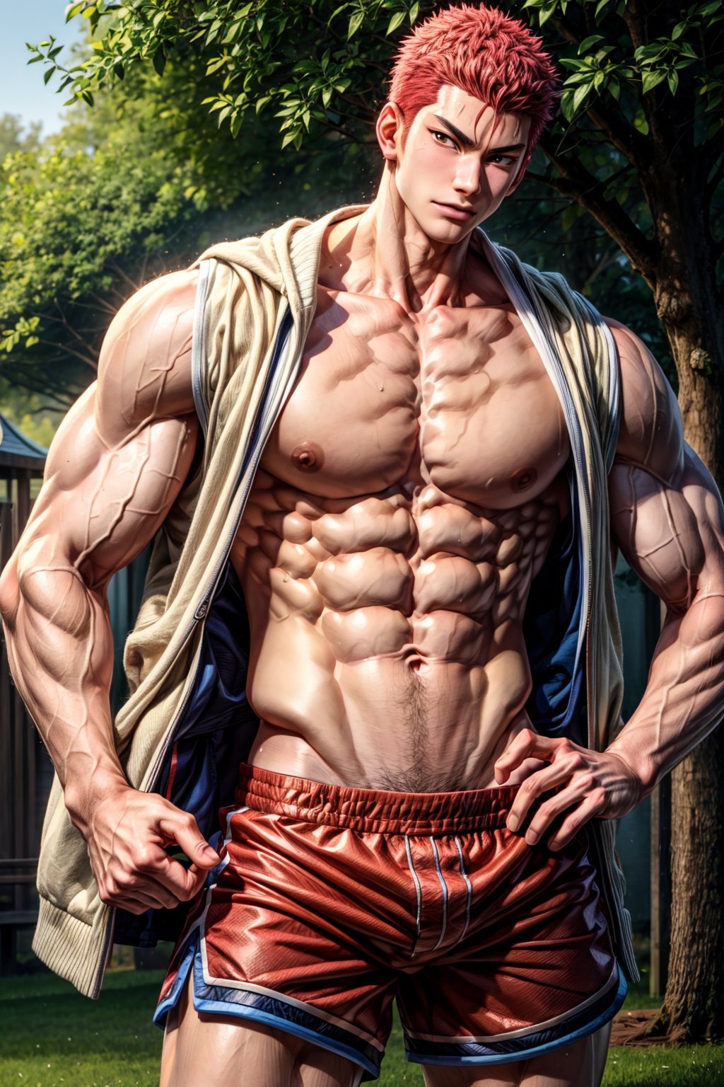 hanamichi_sakuragi, young man, asian, looking at you, muscular, navel hair, shorts, shirtless, park, daylight, broad shoulders