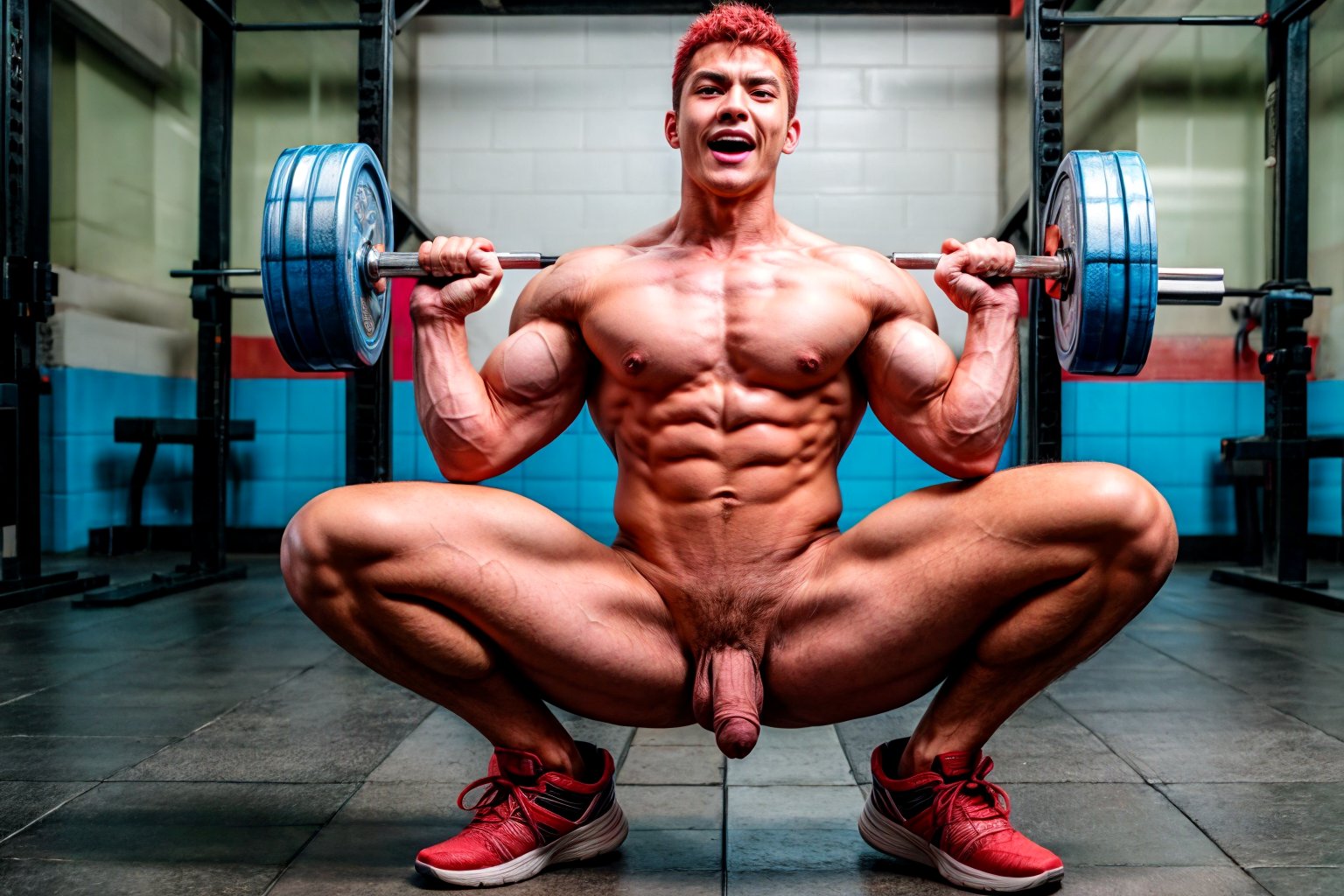 hanamichi_sakuragi, solo,  sitting, short hair, open mouth, 1boy, navel, nipples, male focus, thighs, nude, red hair, penis, shoes,  muscular, erection, abs, testicles, pectorals, muscular male, sneakers, bara, large pectorals, dumbbell, weightlifting