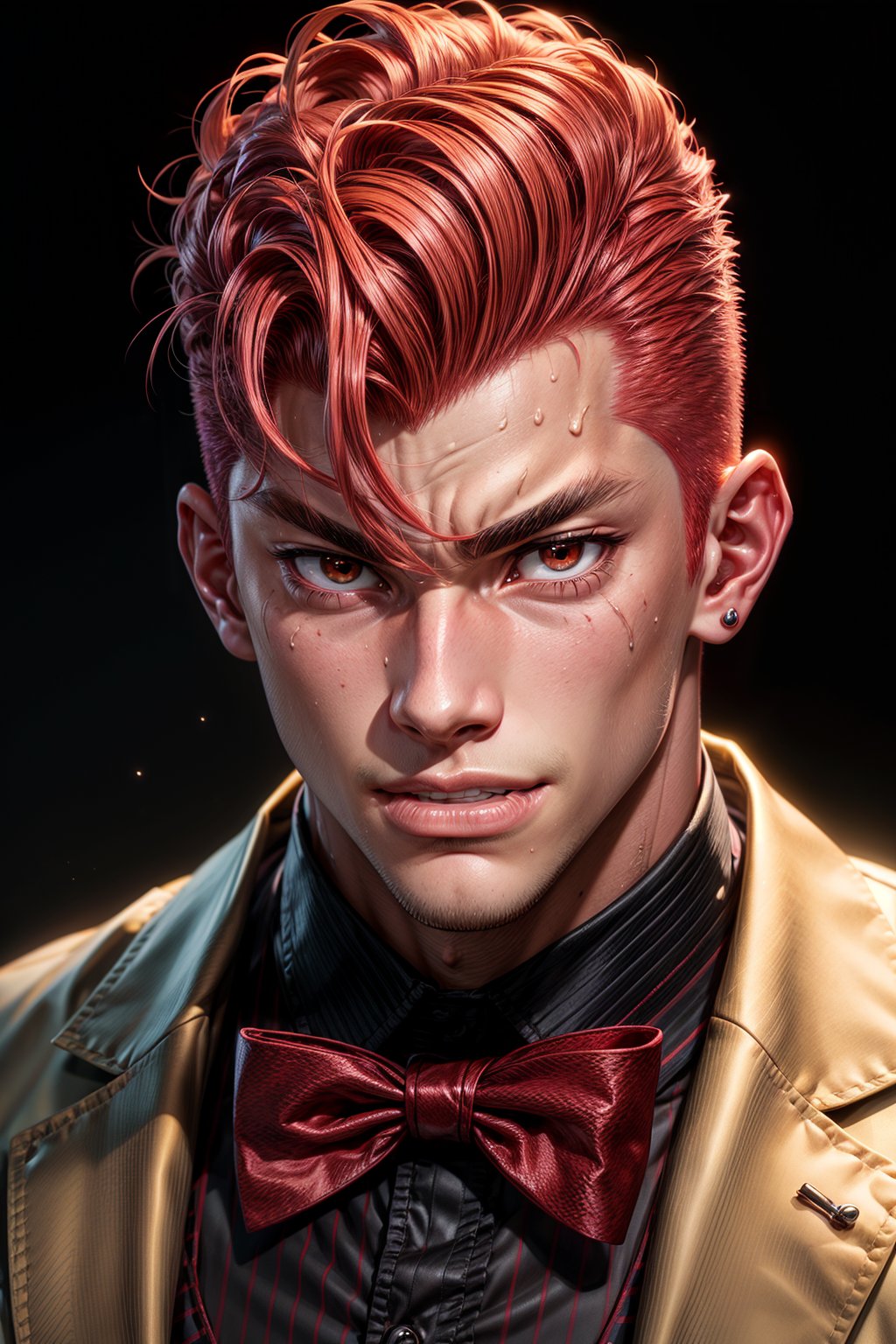 hanamichi_sakuragi, muscular neck, dyed red hair, ear piercing, pompadour, short hair, elegant, bowtie, looking at you, smile, arrogant smile, elegant party, close-up