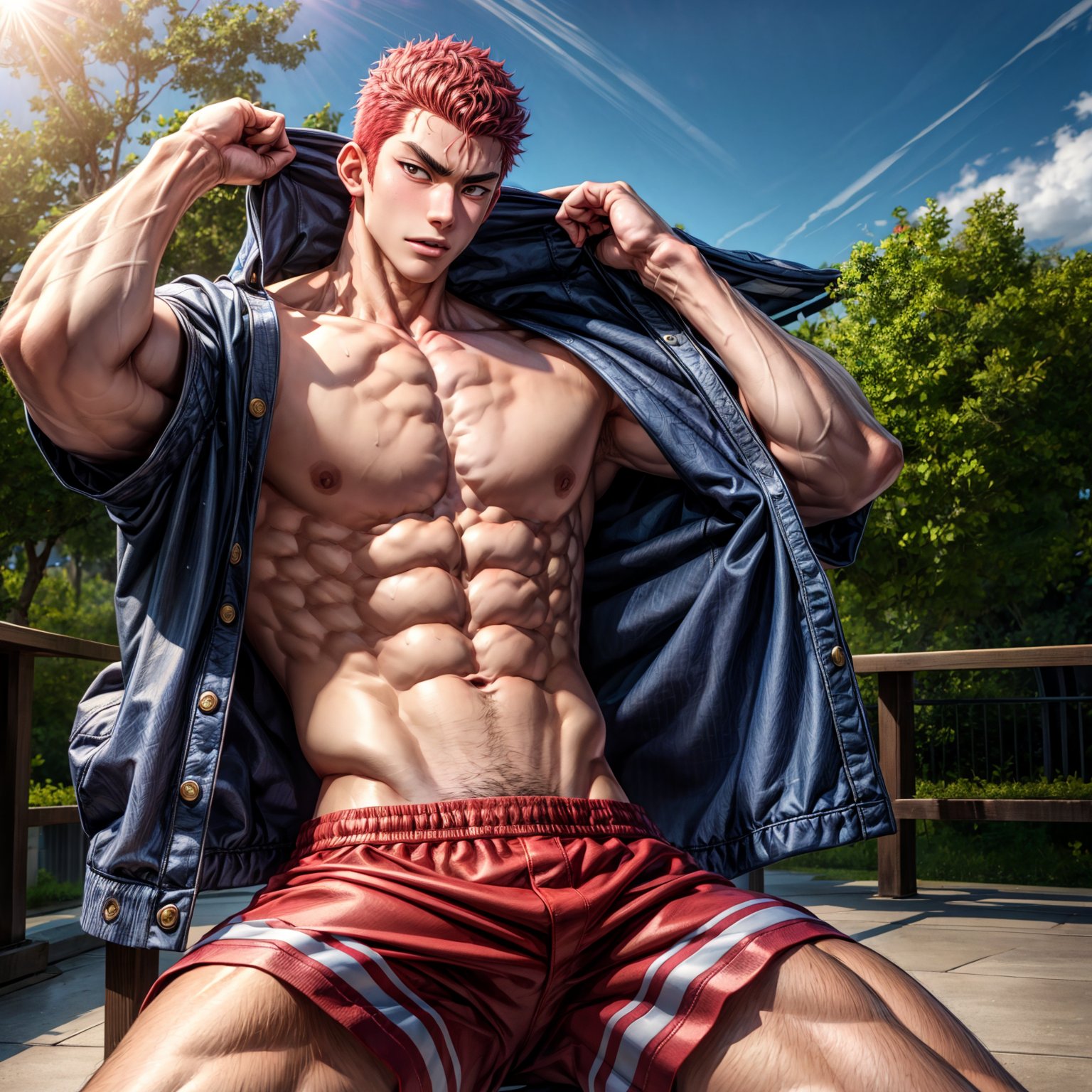 hanamichi_sakuragi, young man, asian, looking at you, muscular, navel hair, shorts, shirtless, park, daylight, broad shoulders