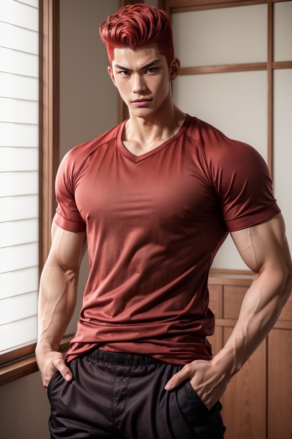 hanamichi_sakuragi, young man, red dyed hair, shirt, asian, looking at you, muscular, pants, ((japanese high school male uniform)), daylight, broad shoulders, pompadour, arrogant smirk