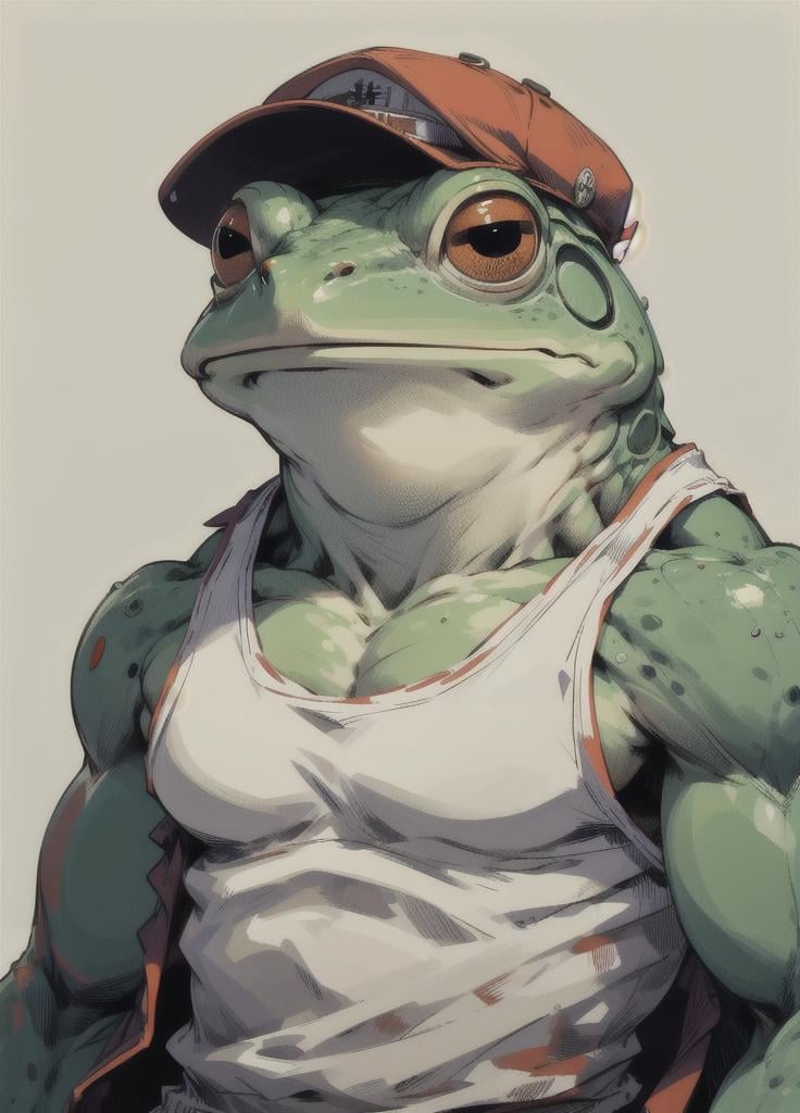 muscular, muscular male, pectorals, solo, tank top, anthropomorphic frog, frog, colored skin, furry, baseball cap, jacket, <lora:Tanktop_Frog-08:1>