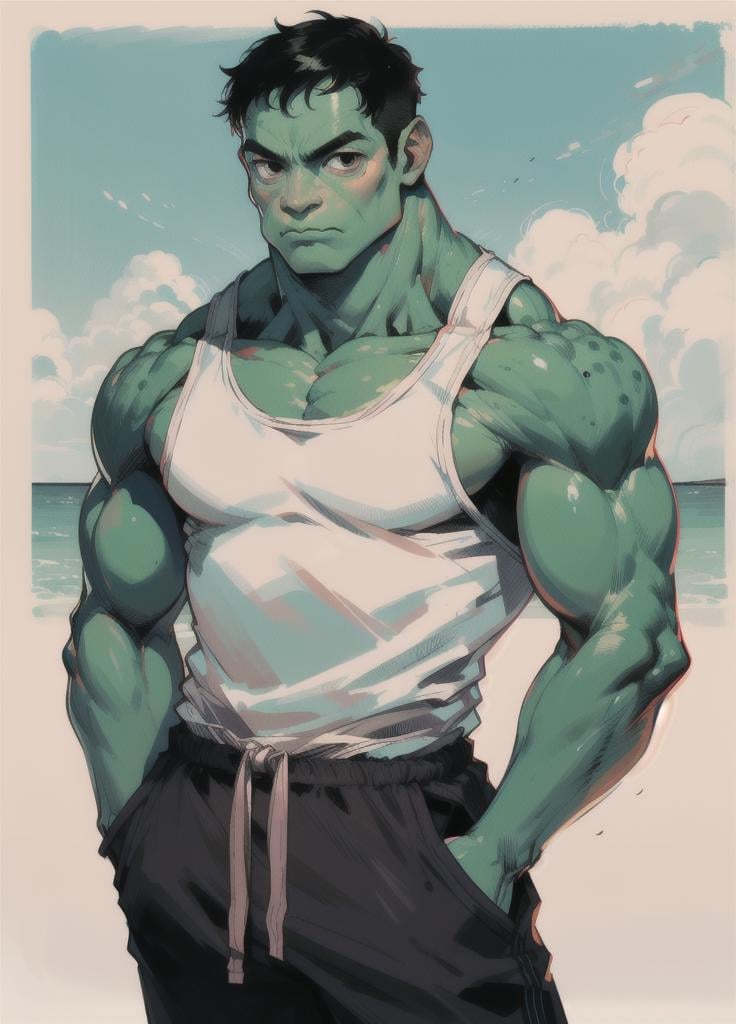 1boy, black eyes, black hair, muscular, muscular male, pectorals, solo, tank top, (hand in pocket), (track pants:1.1), clenched hand, closed fist, anthropomorphic frog, frog, colored skin, <lora:Tanktop_Frog-05:1>