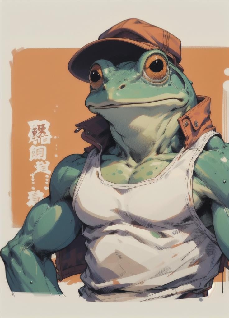 muscular, muscular male, pectorals, solo, tank top, anthropomorphic frog, frog, colored skin, furry, baseball cap, jacket, <lora:Tanktop_Frog-08:1>