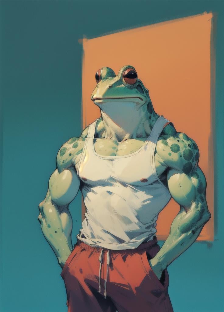 muscular, muscular male, pectorals, solo, tank top, (hand in pocket), (track pants:1.1), clenched hand, closed fist, anthropomorphic frog, frog, colored skin, furry, <lora:Tanktop_Frog-06:1>