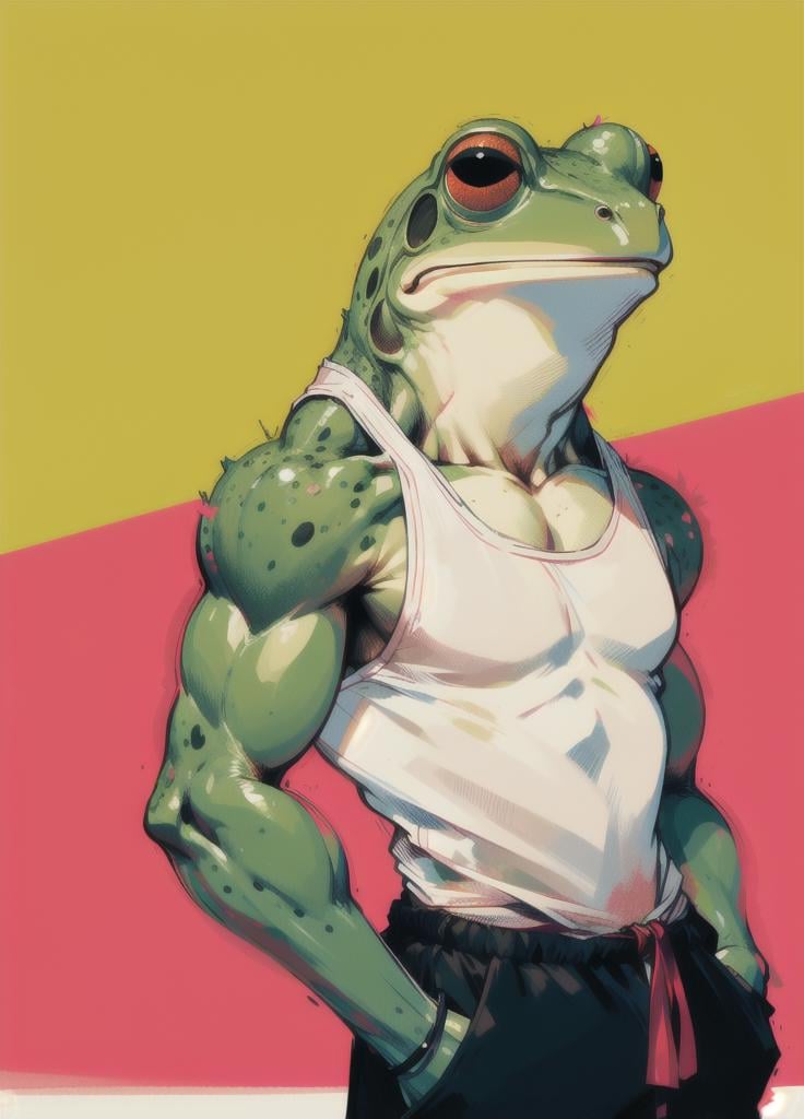 muscular, muscular male, pectorals, solo, tank top, (hand in pocket), (track pants:1.1), clenched hand, closed fist, anthropomorphic frog, frog, colored skin, furry, <lora:Tanktop_Frog-06:1>