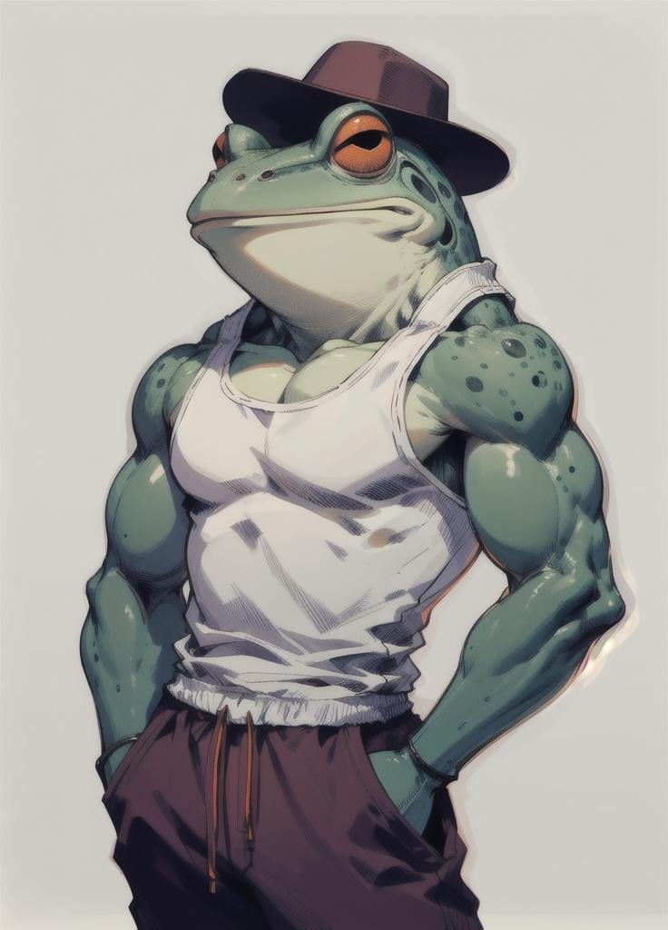 muscular, muscular male, pectorals, solo, tank top, (hand in pocket), (track pants:1.1), clenched hand, closed fist, anthropomorphic frog, frog, colored skin, furry, baseball cap, jacket, <lora:Tanktop_Frog-06:1>