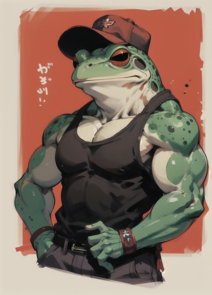muscular, muscular male, pectorals, solo, tank top, anthropomorphic frog, frog, colored skin, furry, baseball cap, jacket, <lora:Tanktop_Frog-06:0.8>