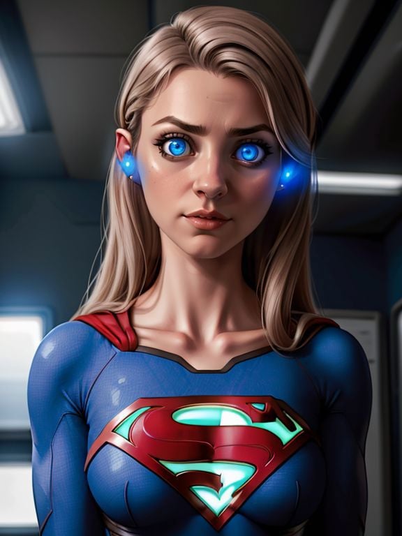 <lora:Digital_Earwig:0.6> 1/2 body shot,Meslissa Benoist is Bizarro Supergirl,  wearing a digital earwig, glowing blue eyes, hypnotized, big eyes,photorealistic, high quality, real_life, 