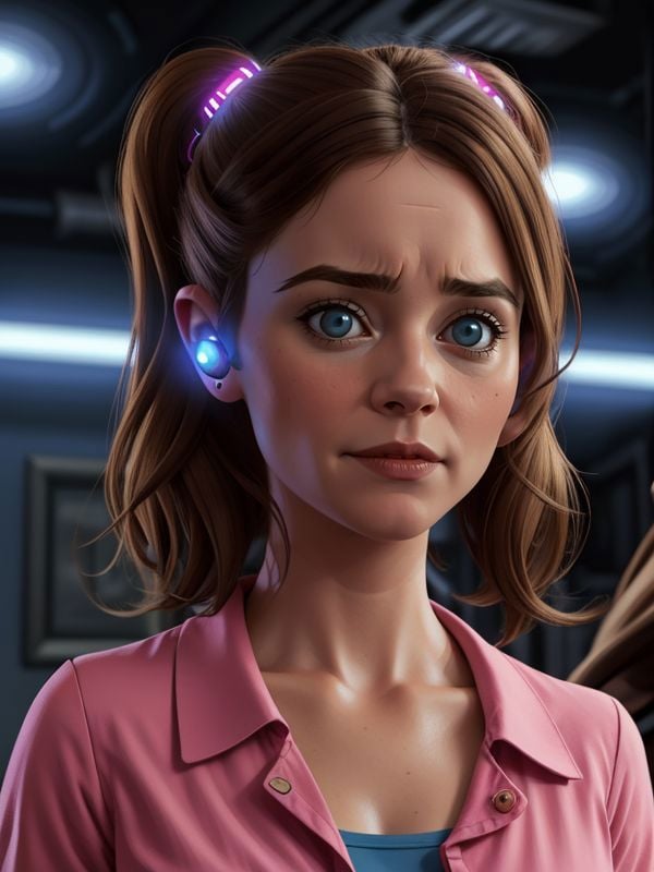 [ Caroline Dhavernas | Nicole Gale Anderson] wearing a digital earwig, housewife outfit,  big eyes, happy,hypnosis, cable connected to earwig, extremely detailed,  glitch style<lora:Digital_Earwig:0.6>