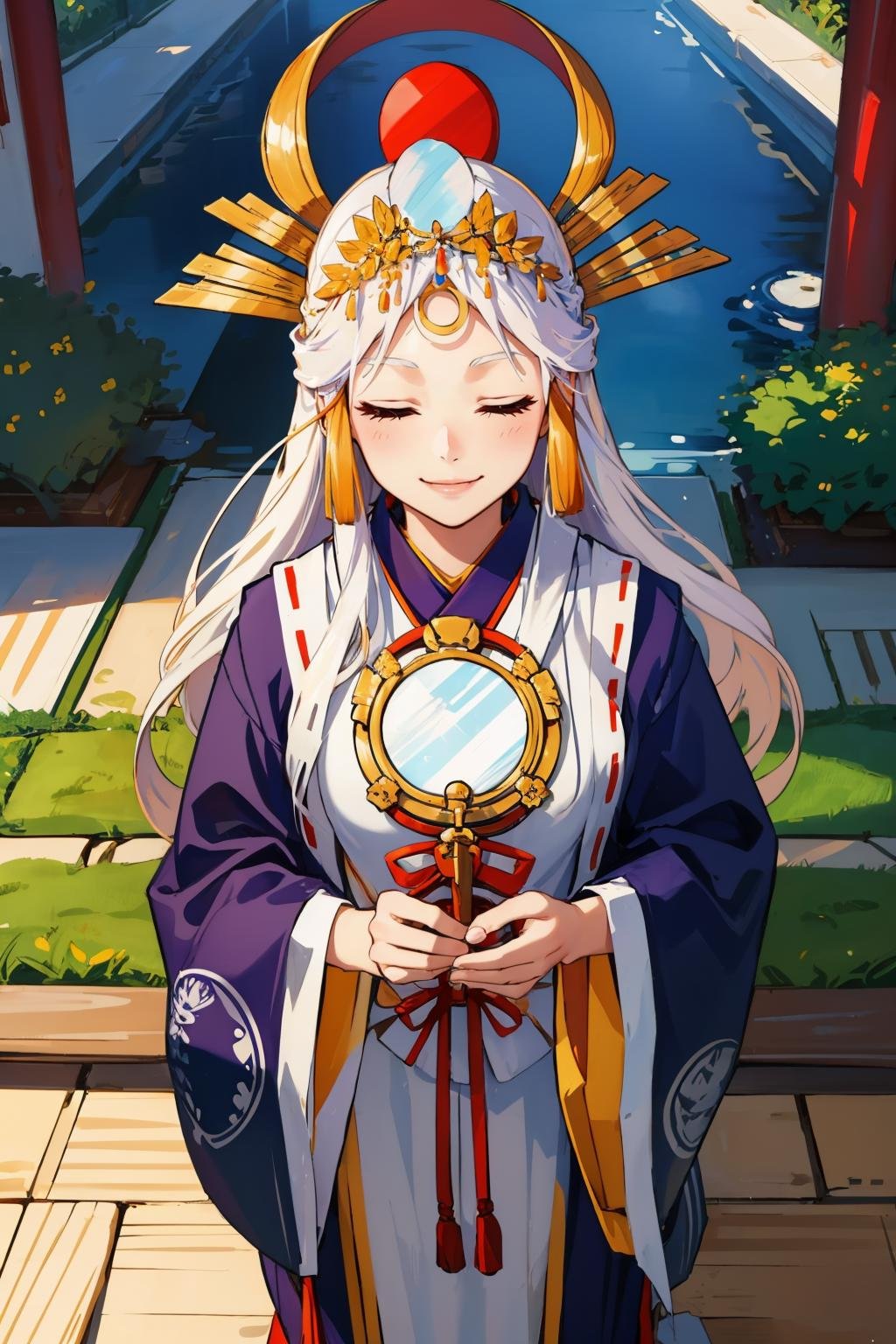 masterpiece, best quality, <lora:miketsu-nvwls-v1-000010:0.9> miketsu, headdress, hair ornament, japanese clothes, wide sleeves, garden, closed eyes, smile, japanese architecture, from above