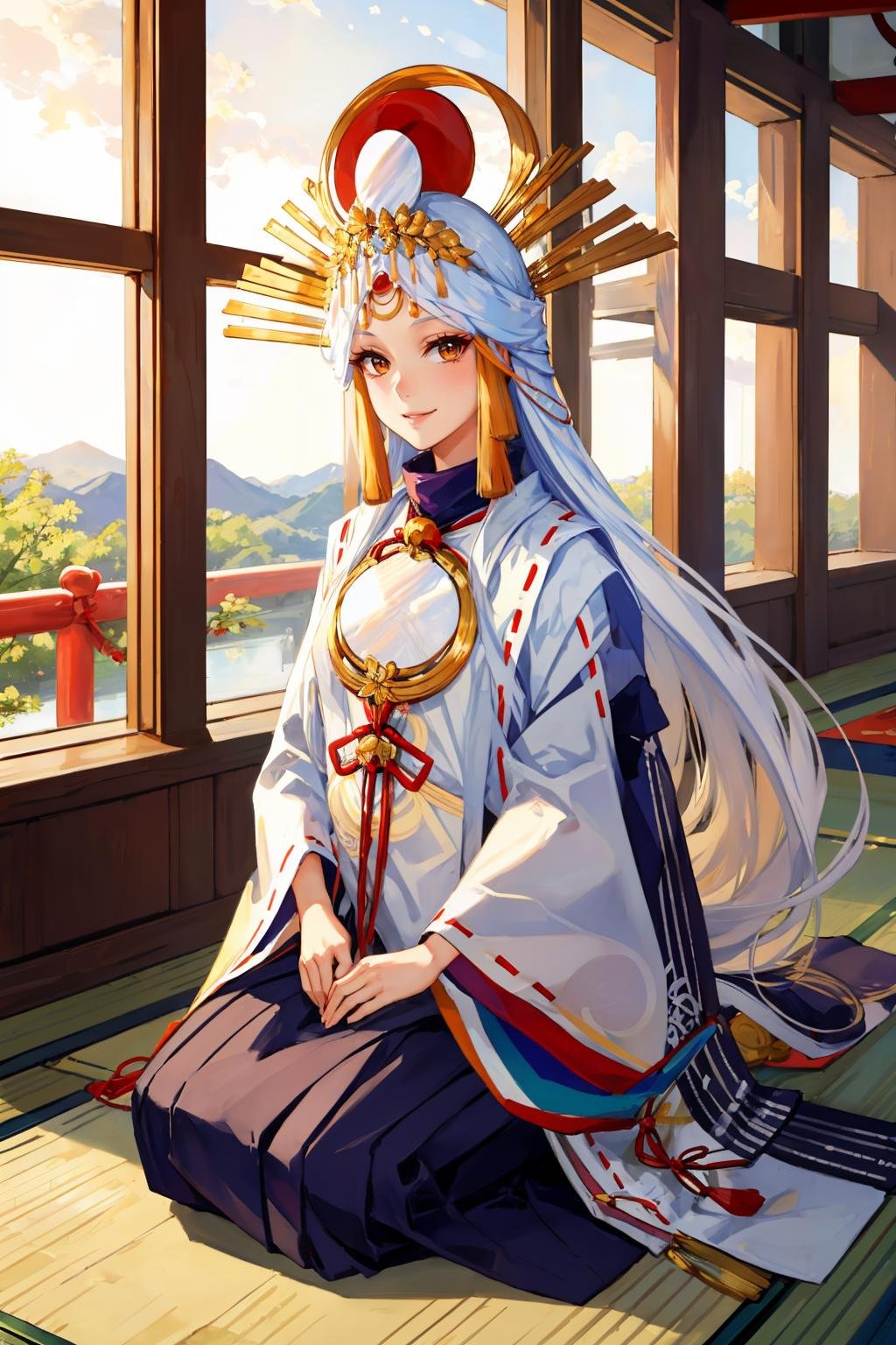 masterpiece, best quality, <lora:miketsu-nvwls-v1-000010:0.9> miketsu, headdress, hair ornament, japanese clothes, wide sleeves, japanese architecture, indoors, seiza, looking at viewer, smile