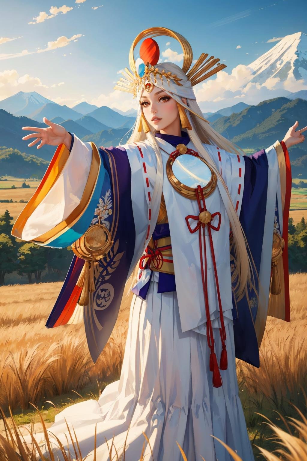 masterpiece, best quality, <lora:miketsu-nvwls-v1-000010:0.9> miketsu, headdress, hair ornament, japanese clothes, wide sleeves, outstretched arms, mountains, field, blue sky, looking at viewer