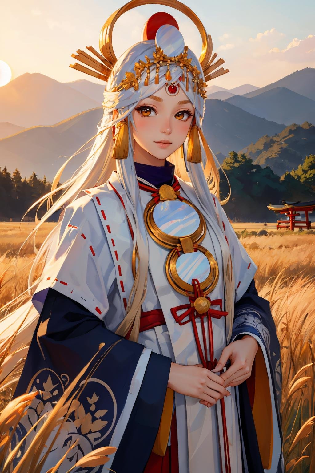 masterpiece, best quality, <lora:miketsu-nvwls-v1-000010:0.9> miketsu, headdress, hair ornament, japanese clothes, wide sleeves, torii, japanese architecture, upper body, standing, looking at viewer, slight smile, sunset, fields, yellow theme