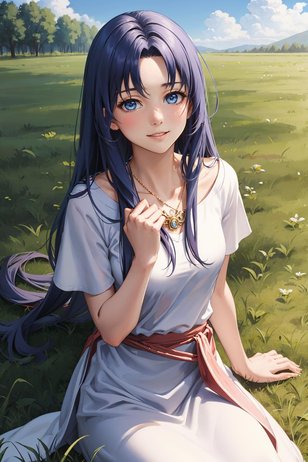 masterpiece, best quality, <lora:feena-nvwls-v1-000009:0.9> feena, necklace, white robes, short sleeves, sash, field, sky, looking at viewer, from above, sitting, on ground, smile, upper body, hand to heart