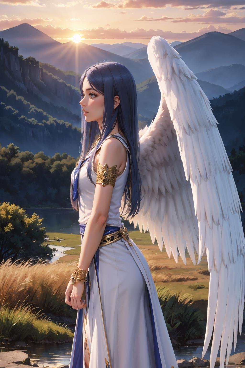 masterpiece, best quality, <lora:feena-nvwls-v1-000009:0.9> angelFeena, angel wings, white dress, armlet, bracelet, wide shot, sunset, tower, mountains, wide shot, standing, from side