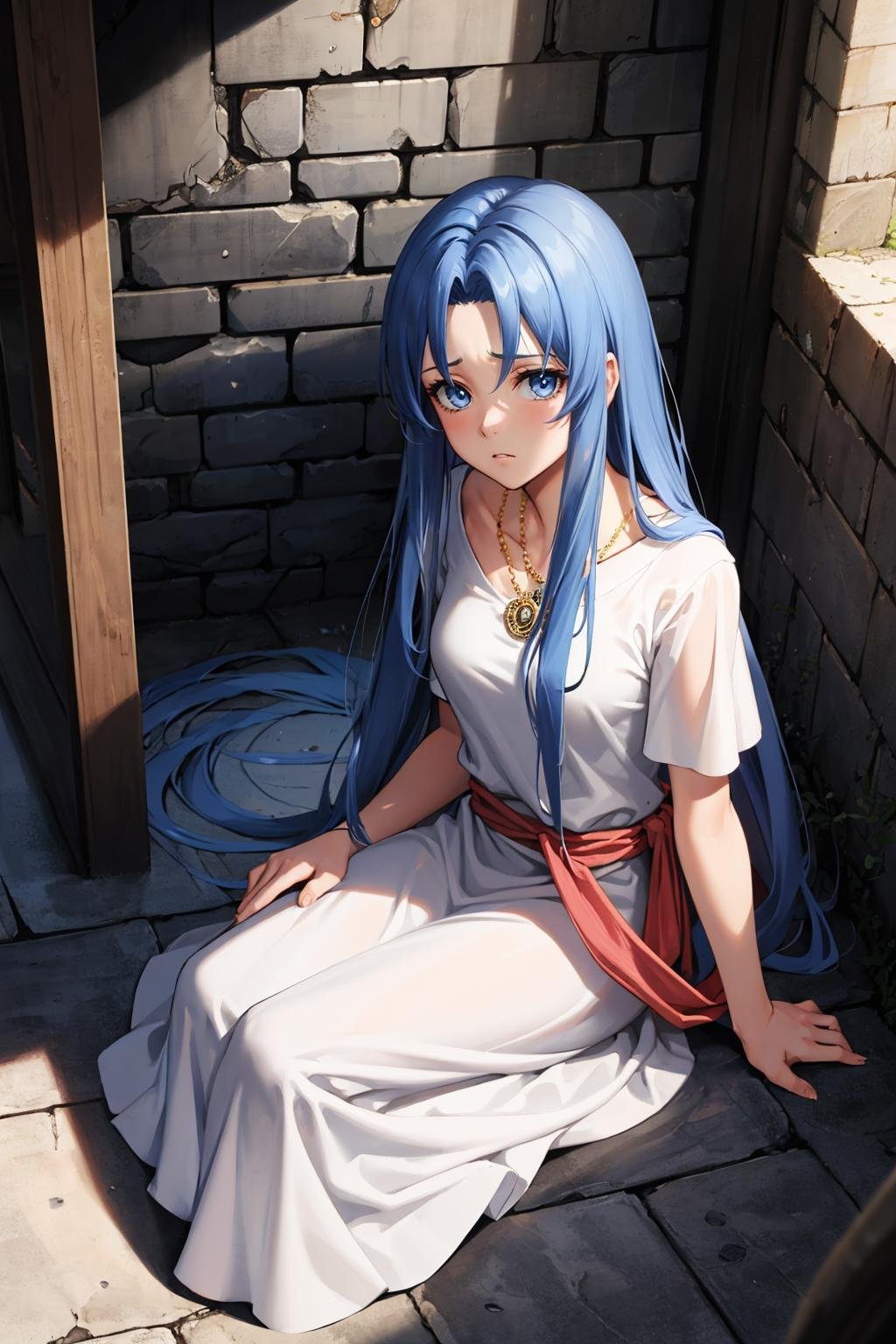 masterpiece, best quality, <lora:feena-nvwls-v1-000009:0.9> feena, necklace, white robes, short sleeves, sash, looking at viewer, from above, sitting, on ground, dungeon, indoors, stone floor, dimly lit, sad, stone walls