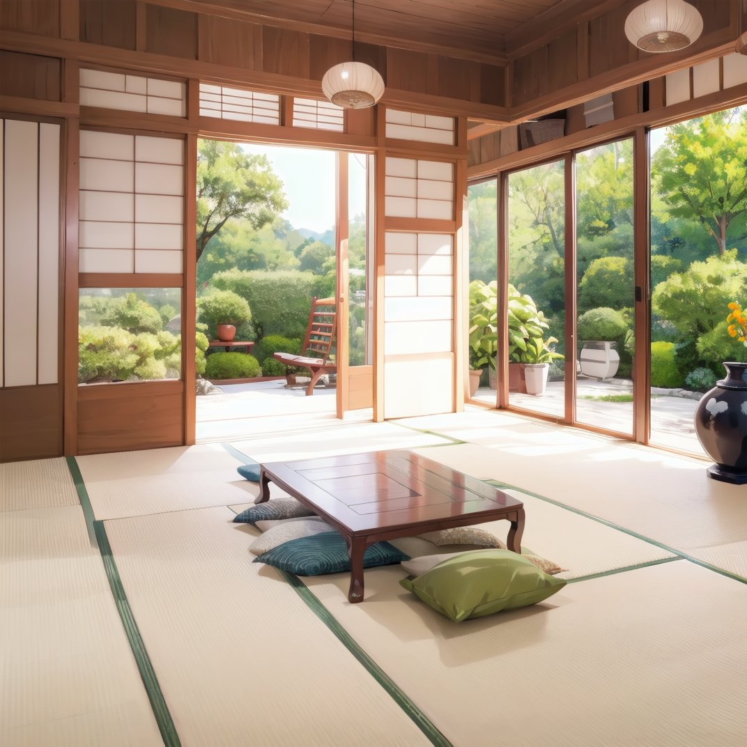 best quality, ultra-detailed, illustration,washitsu, table, indoors, tatami, tree, sliding doors, vase, cup, architecture, book, painting (object), cushion, sunlight, plate,  <lora:JAPAN_Scenery_Washitsu_SD15_V2:1>