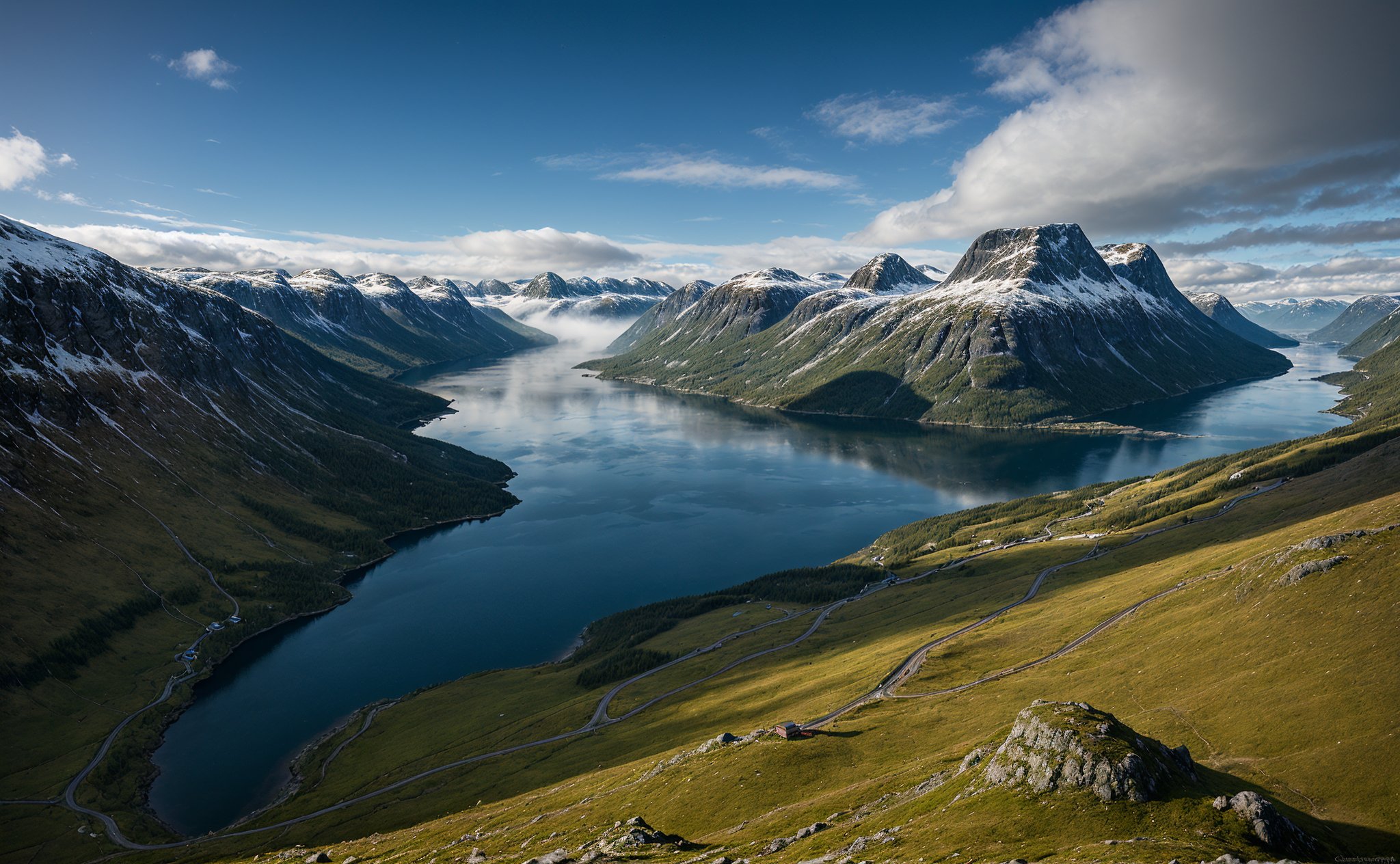 epic unbeatable masterpiece, dslr professional photography award winner , between the impressive norway mountains, fully of mist and heavy foliage forest, can see the far away old vapor machine of large ancient train, hanoi, that is going down the tracks near the water, norway fjord, incredible norway landscape of a Norwegian fjord, where the deep blue water meets the green and steep mountains. The sky is cloudy, but the sun filters through the clouds, creating a dramatic effect of light and shadow. In the foreground, you can see a small waterfall that falls on some rocks. The image is taken from a high point, which allows you to appreciate the beauty and majesty of the fjord. , ultradetailed, vivid sharpness, epic depth field, we are over the norway mountains, its an amazing beautiful autum misty norwegian landscape, impressive, intimidate nordic landscape, impressive sharpness, ,uted colors, extremely accurate and detailed intricate photography, norway misteria fjords in background, vivid shadows, sombre day, atmospheric view, like the lord of the rings , majestic nature scenery,realistic masterpiece photography, drone view ,reverse upright straddle