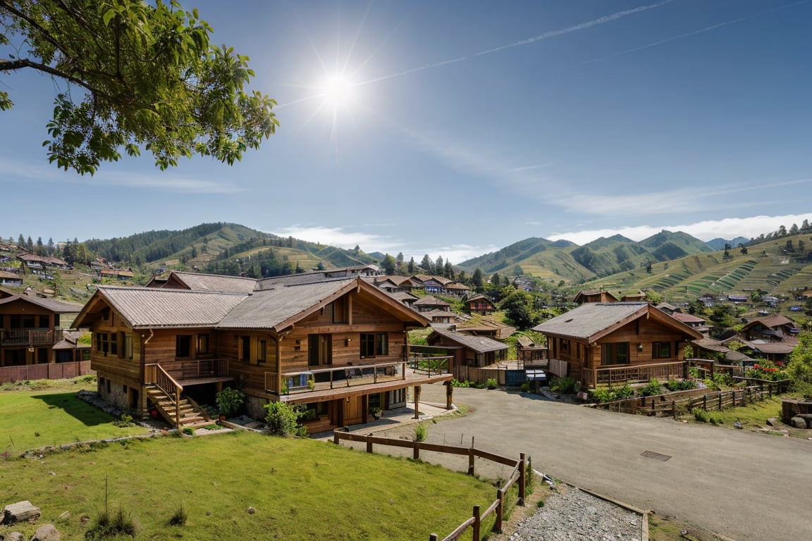 wooden non landed double storey house, hills background, trees around, clear blue sky, sunlight 