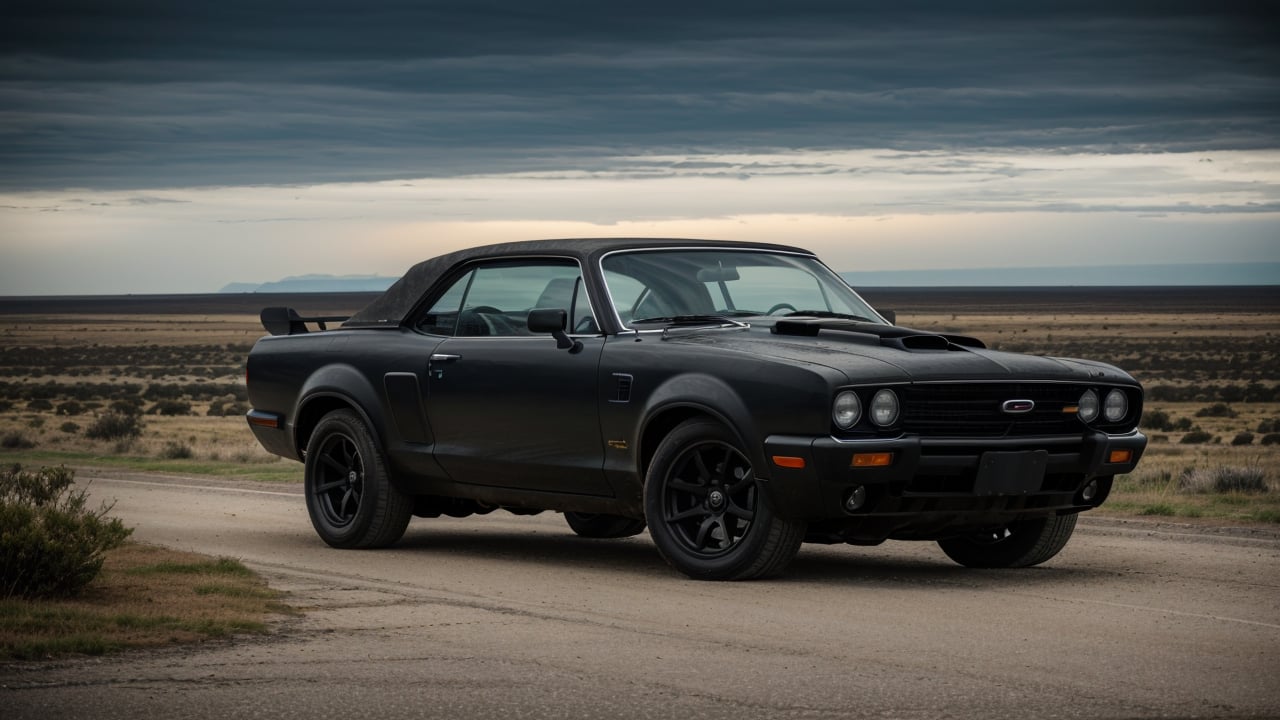 cinematic, filmic image 4k, 8k with [George Miller's Mad Max style]. The image should be captured in a [wide-angle view] and depict [single] a [post-apocalyptic] V8 [muscle car]. The car's paint is a [black] covered in a spots of [rust] and thin layer of smooth [dust] and [dirt], making it appear [rugged] and [gritty] but with visible [black color]The car's body should be [sleek] and [aerodynamic], giving it a [low] and [aggressive] stance that conveys [power] and [speed]. The front of the car should feature a [distinctive] front nose cone with [rectangular lights] that adds to its [intimidating] appearance. The car's wheels should be [large] and [sturdy], with [thick] tires that can handle the [rough] terrain of the [post-apocalyptic] wasteland. The rims should be made of [durable] metal with a [unique design] that showcases the car's [individuality].In addition, the car should have [eight exhaust side pipes]. The car should also feature a Weiand 6-71 [supercharger] mounted on the hood, protruding through the bonnet.Car should be designed to look both [powerful] and [functional], built to withstand the [harsh] conditions of the [post-apocalyptic] wasteland.The image should be [ultra-realistic], with [high-resolution] captured in [natural light]. The lighting should create [soft shadows] and showcase the [raw] and [vibrant colors] of the car. The image should be a highly-detailed photography set in a [post-nuclear], [fallout] like setting, conveying a sense of [danger] and [grittiness]. The final image should be a [masterpiece], with a [realistic portrayal] of the Interceptor that is both [intimidating] and [awe-inspiring]. Background should contain [empty desert highway], image takes place before the storm, with the [hot summer sun] still shining brightly in the sky, but in the distance, the sky is a [dark and foreboding shade of blue], hinting at an impending storm