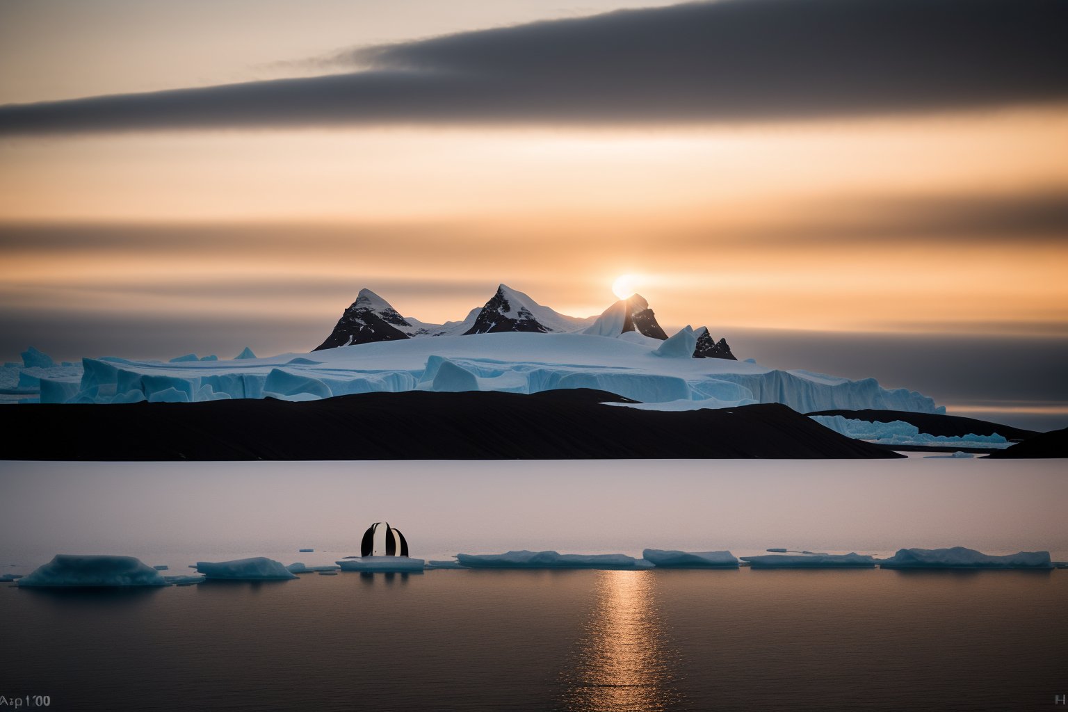 RAW photo, Antartica,Towering Icebergs,  Pod of Orca whales swimming by the edge of an ice field, emperor penguin colony, late morning mist giving away to bright sunrise, crimson skies, 50mm lens, apeture f/11,Hasselblad X2D 100C Medium Format Mirrorless Camera,